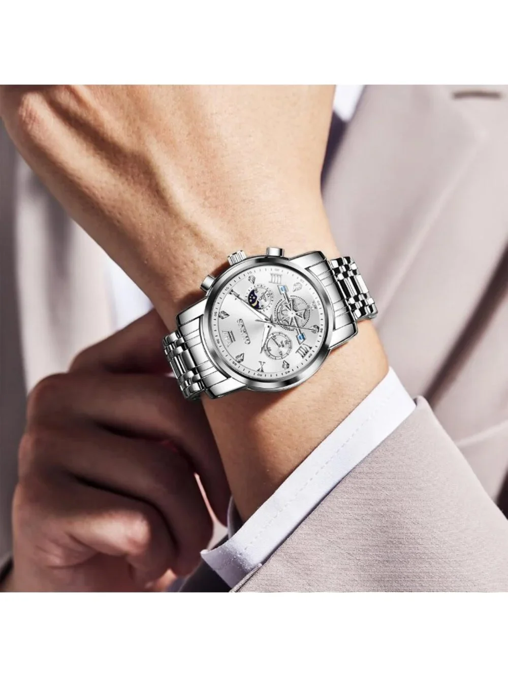 Stylish Men's Stainless Steel Chronograph Watch - Waterproof Analog Quartz